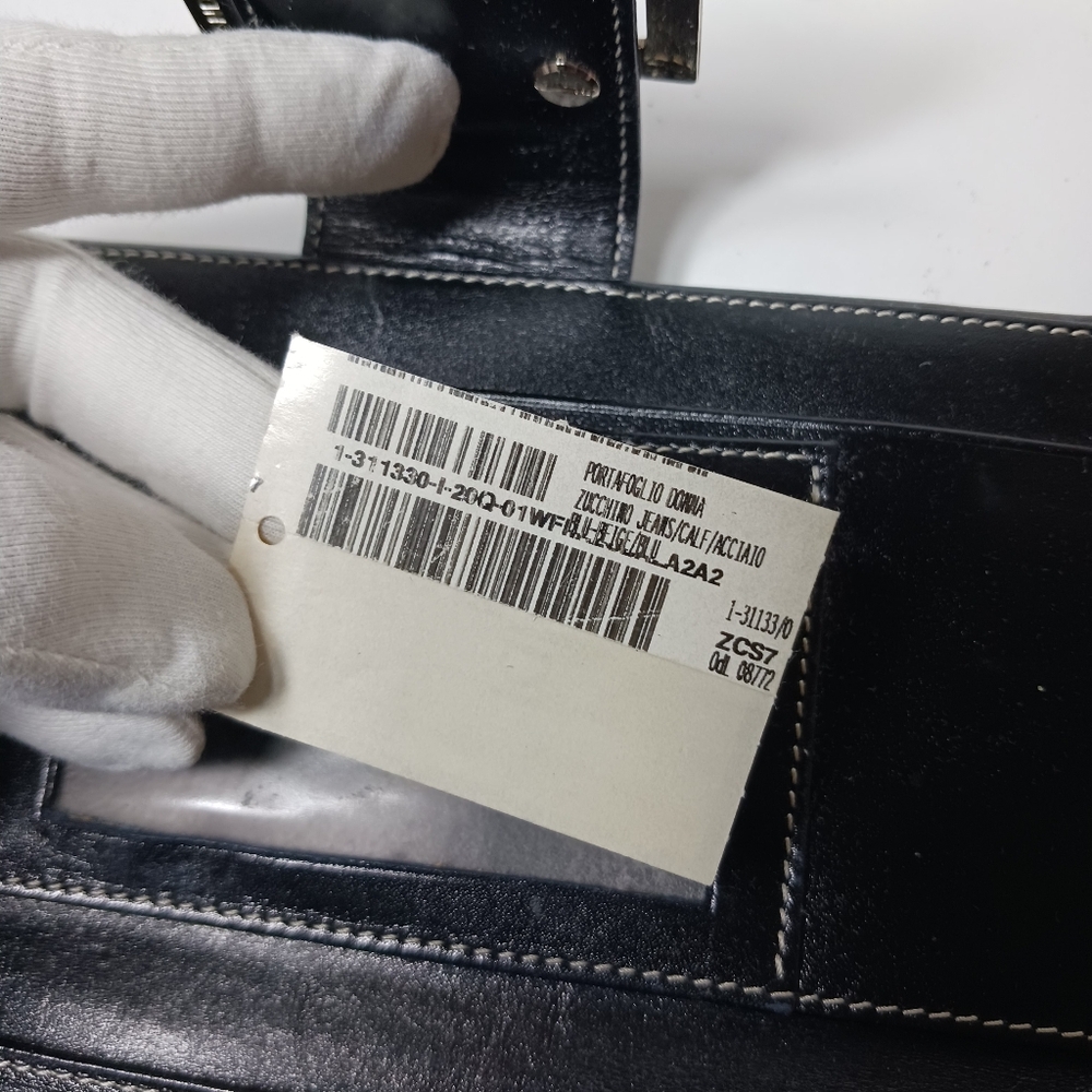 FENDI Zucchino canvas long wallet with button snap silver brass logo navy Blue - Picture 11 of 16